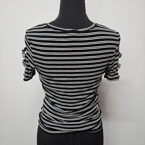Striped Black and White Top with BEBE Embellishments Size Medium - Picture 4 of 7